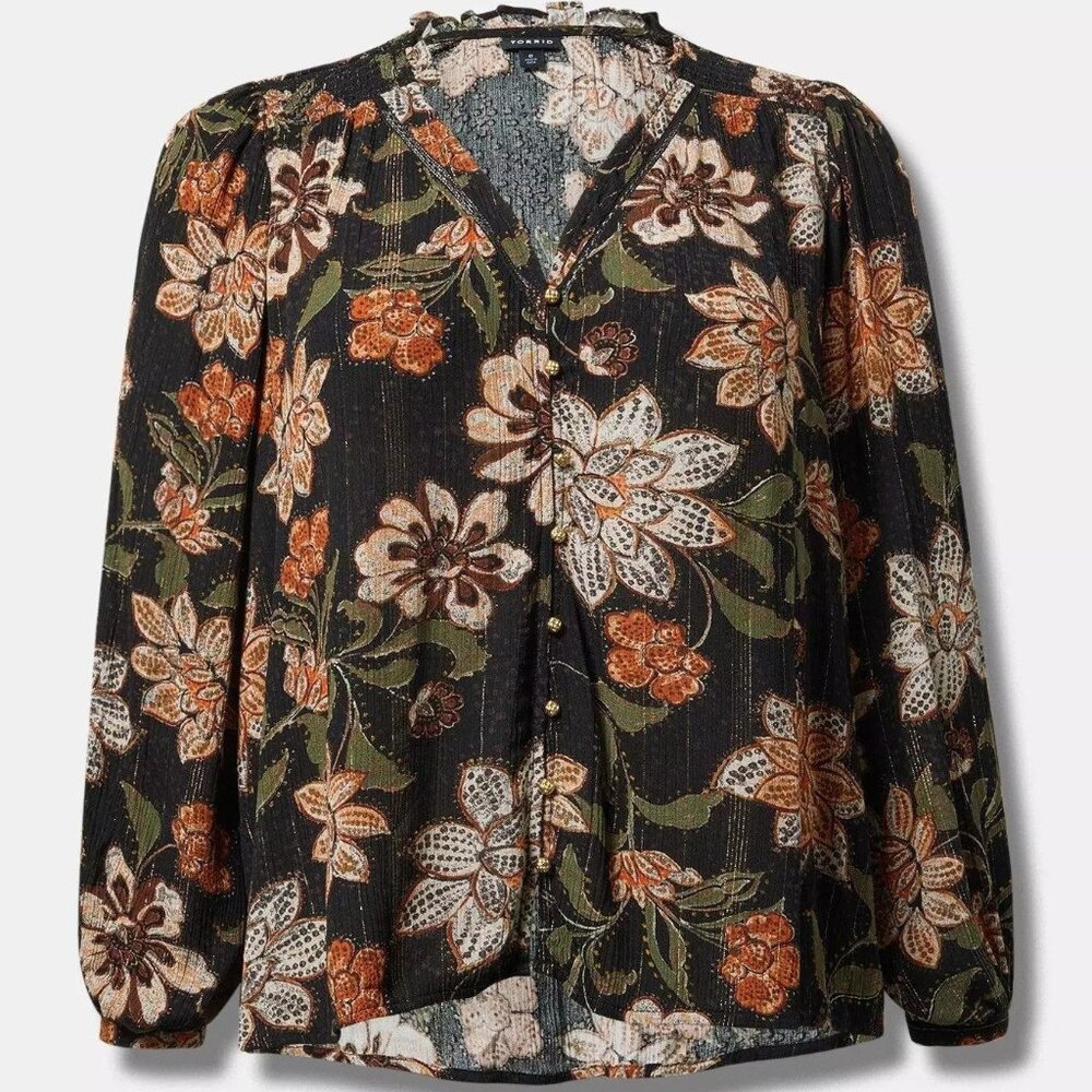 Gauze Long Sleeved Floral Button Down Blouse with Gold accents